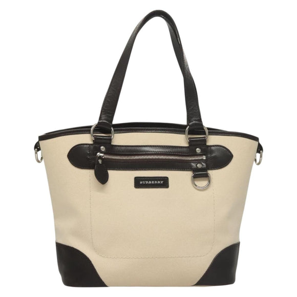 BURBERRY Tote Bag Canvas Leather White Silver Auth bs28323