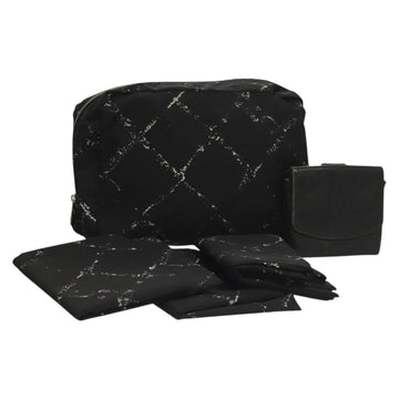 CHANEL Pouch Nylon Caviar Skin 2Set Black Silver CC Auth bs28342