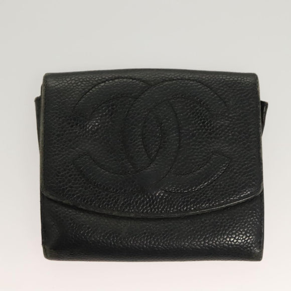 CHANEL Pouch Nylon Caviar Skin 2Set Black Silver CC Auth bs28342