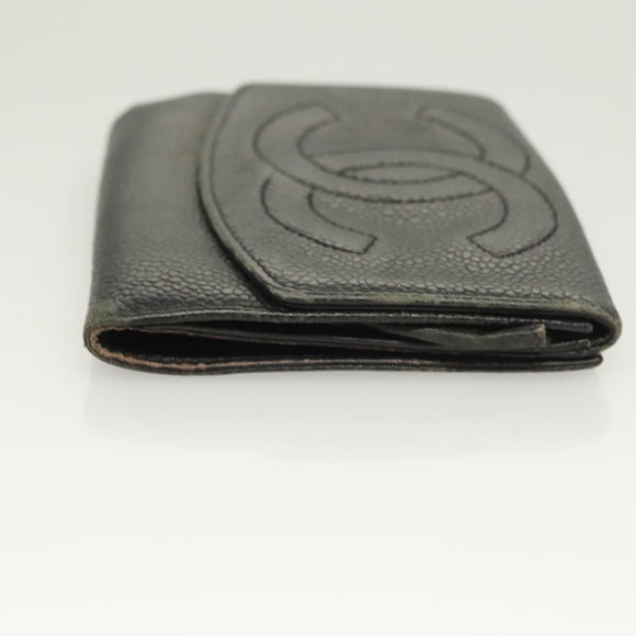 CHANEL Pouch Nylon Caviar Skin 2Set Black Silver CC Auth bs28342