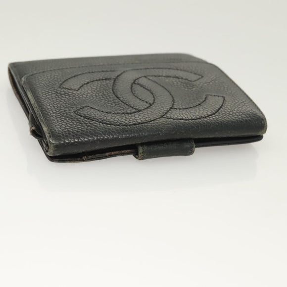 CHANEL Pouch Nylon Caviar Skin 2Set Black Silver CC Auth bs28342