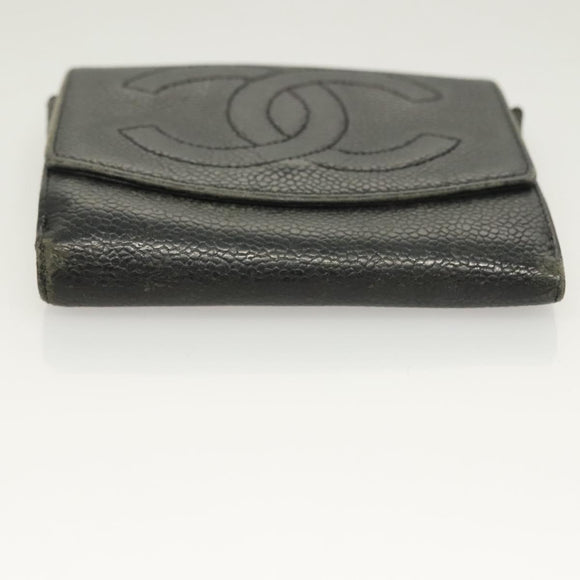 CHANEL Pouch Nylon Caviar Skin 2Set Black Silver CC Auth bs28342