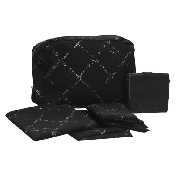 CHANEL Pouch Nylon Caviar Skin 2 Set Black Silver CC Auth bs28342