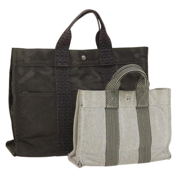 HERMES Her Line Tote Bag Canvas 2Set Gray Black Silver Auth bs28344