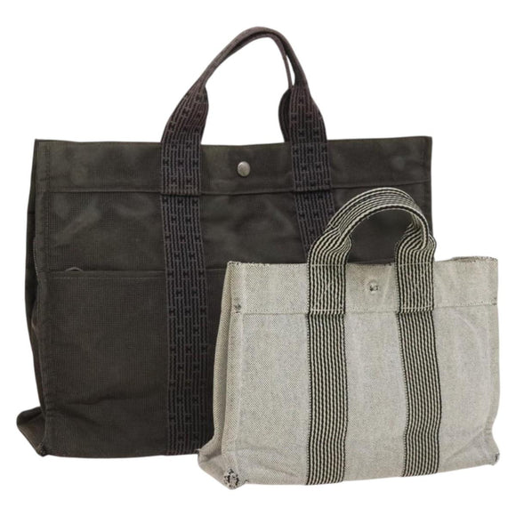 HERMES Her Line Tote Bag Canvas 2Set Gray Black Silver Auth bs28344