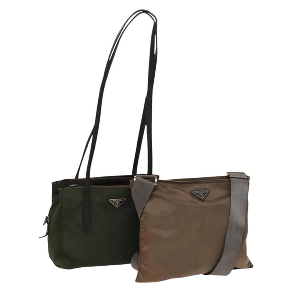 PRADA Shoulder Bag Nylon Leather 2Set Khaki Brown Auth bs28388