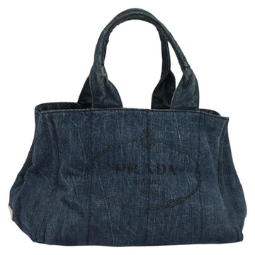 PRADA Canapa MM Hand Bag Denim Blue Gold Auth bs28391
