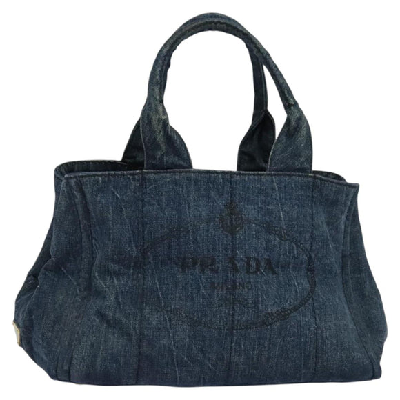 PRADA Canapa MM Hand Bag Denim Blue Gold Auth bs28391
