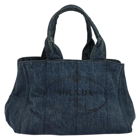 PRADA Canapa MM Hand Bag Denim Blue Gold Auth bs28391