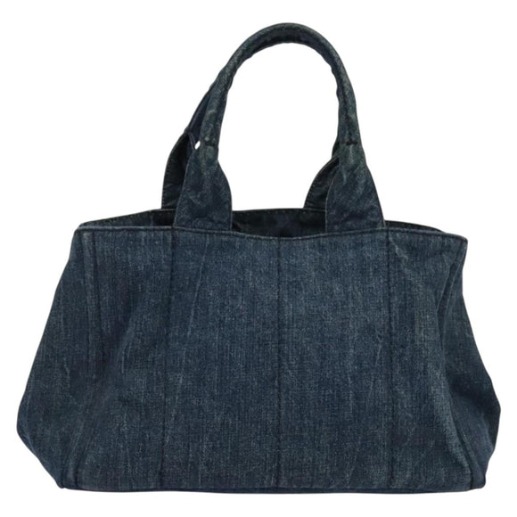PRADA Canapa MM Hand Bag Denim Blue Gold Auth bs28391