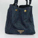 PRADA Canapa MM Hand Bag Denim Blue Gold Auth bs28391-3