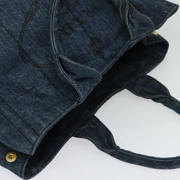 PRADA Canapa MM Hand Bag Denim Blue Gold Auth bs28391