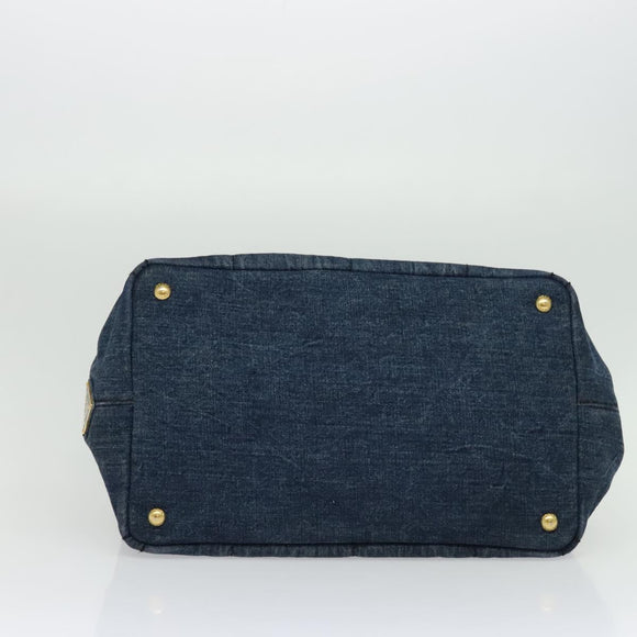 PRADA Canapa MM Hand Bag Denim Blue Gold Auth bs28391