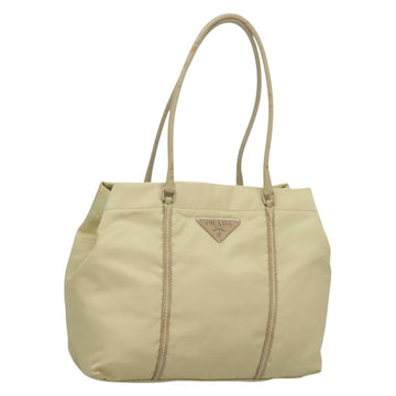 PRADA Tote Bag Nylon Leather Beige Auth bs28396