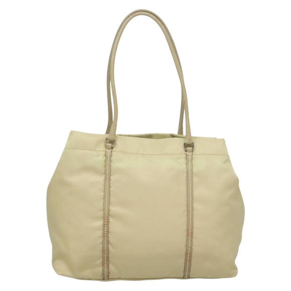 PRADA Tote Bag Nylon Leather Beige Auth bs28396