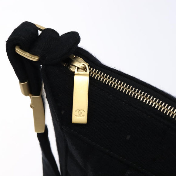 CHANEL Choco Bar Shoulder Bag Cotton Black Gold CC Auth bs28407
