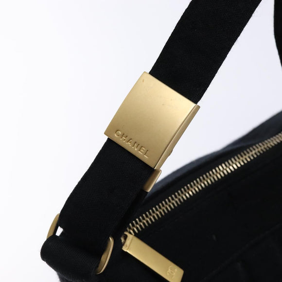 CHANEL Choco Bar Shoulder Bag Cotton Black Gold CC Auth bs28407