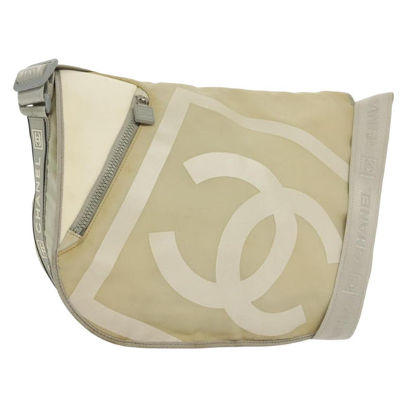 CHANEL Sports Shoulder Bag Nylon Beige Silver CC Auth bs28420