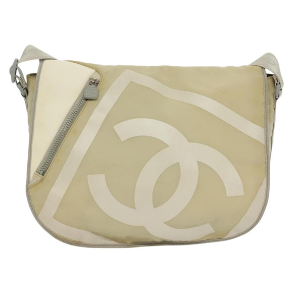 CHANEL Sports Shoulder Bag Nylon Beige Silver CC Auth bs28420