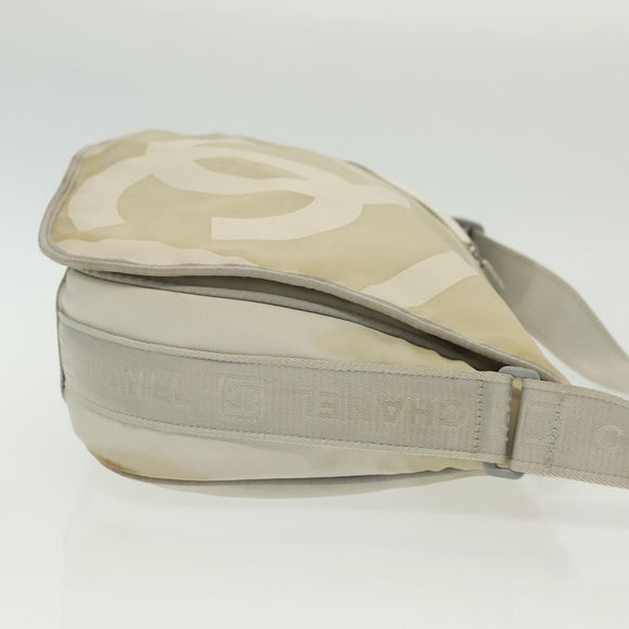 CHANEL Sports Shoulder Bag Nylon Beige Silver CC Auth bs28420