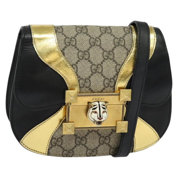 GUCCI GG Supreme Ojiride Bag Leather PVC Leather Beige Black 500781 Auth bs28443