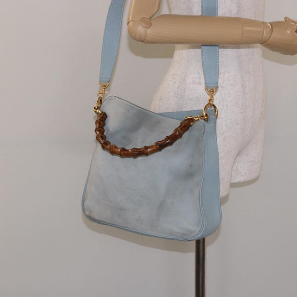 GUCCI Bamboo Hand Bag Suede 2way Outlet Light Blue Gold 001 1638 Auth bs28445