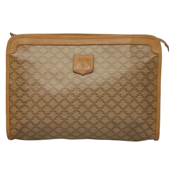 CELINE Macadam Canvas Clutch Bag PVC Beige Gold Auth bs28469
