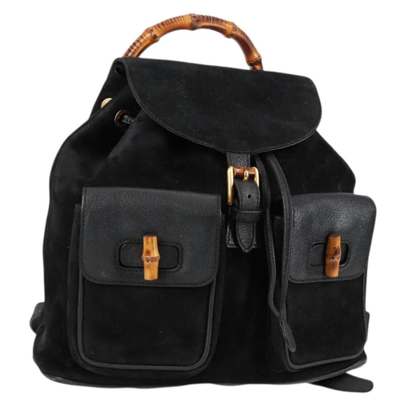 GUCCI Bamboo Backpack Suede Leather Black Gold 003 2058 0016 Auth bs28493