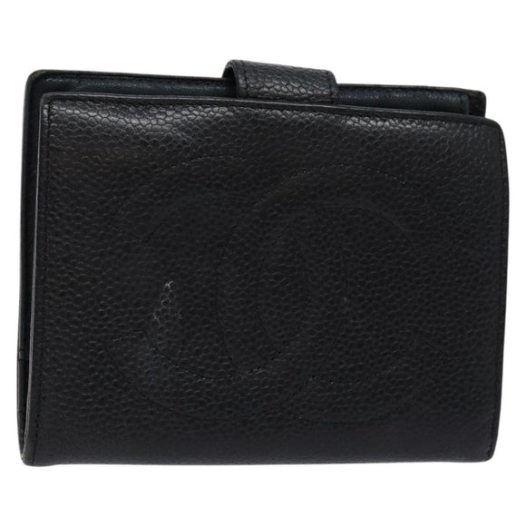 CHANEL Bifold Wallet Caviar Skin Black Gold CC Auth bs28503