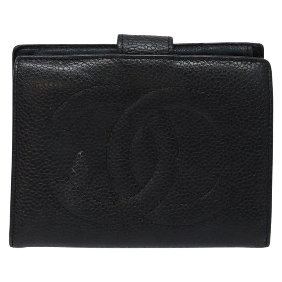 CHANEL Bifold Wallet Caviar Skin Black Gold CC Auth bs28503