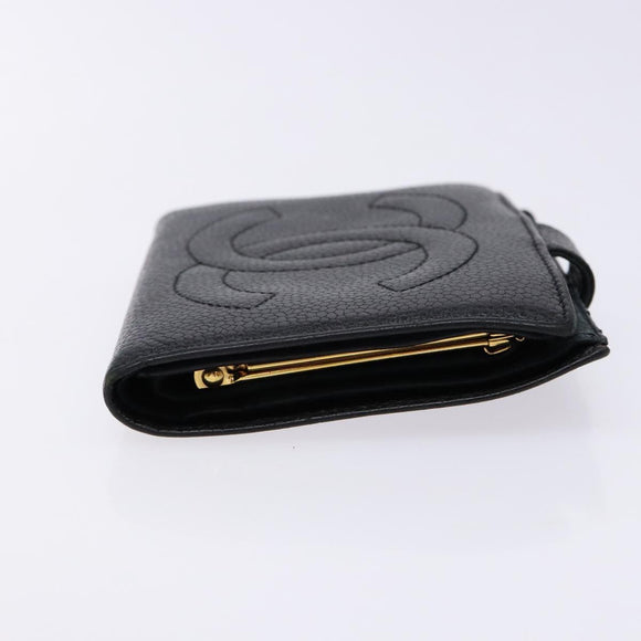 CHANEL Bifold Wallet Caviar Skin Black Gold CC Auth bs28503