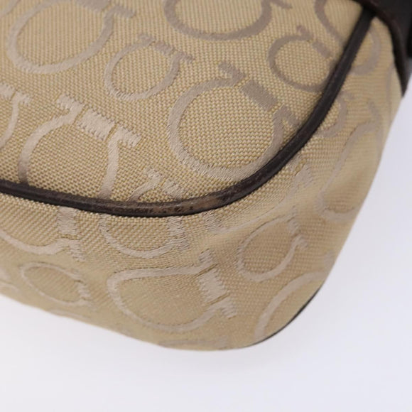 Salvatore Ferragamo Gancini Hand Bag Canvas Beige Silver Auth bs28514