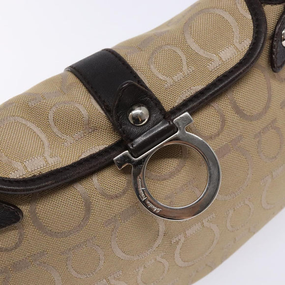Salvatore Ferragamo Gancini Hand Bag Canvas Beige Silver Auth bs28514