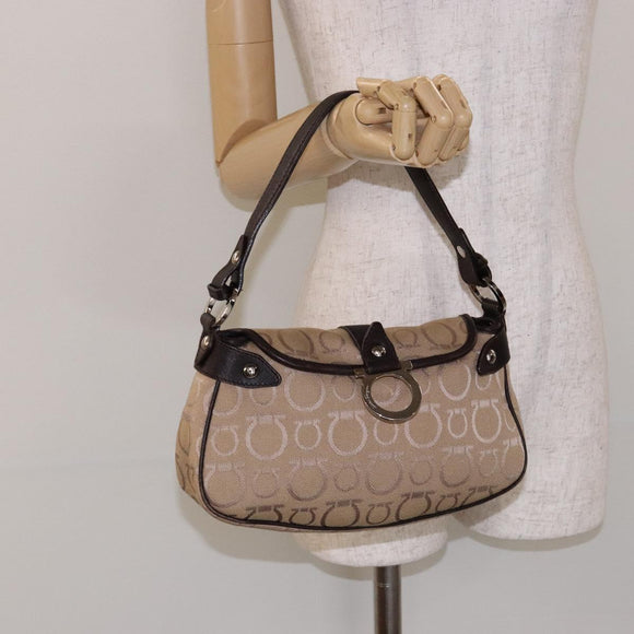 Salvatore Ferragamo Gancini Hand Bag Canvas Beige Silver Auth bs28514
