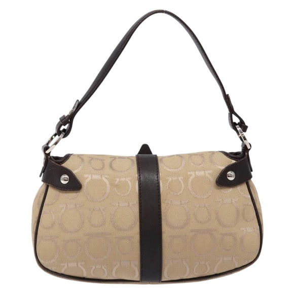 Salvatore Ferragamo Gancini Hand Bag Canvas Beige Silver Auth bs28514
