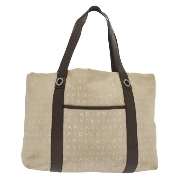 BVLGARI Logo Mania Hand Bag Canvas Beige Silver Auth bs28544