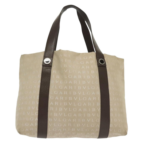 BVLGARI Logo Mania Hand Bag Canvas Beige Silver Auth bs28544