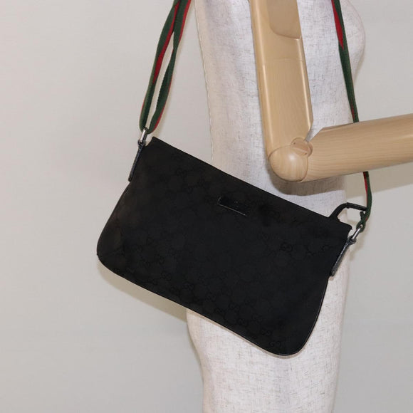 GUCCI GG Canvas Web Sherry Line Shoulder Bag Black Silver 189749 Auth bs28637