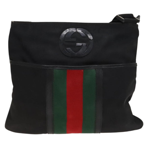 GUCCI Web Sherry Line Shoulder Bag Nylon Black Auth bs28651