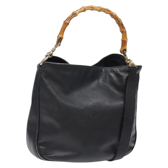 GUCCI Bamboo Hand Bag Leather 2way Black Gold 001 1781 1638 Auth bs28653