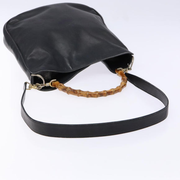 GUCCI Bamboo Hand Bag Leather 2way Black Gold 001 1781 1638 Auth bs28653