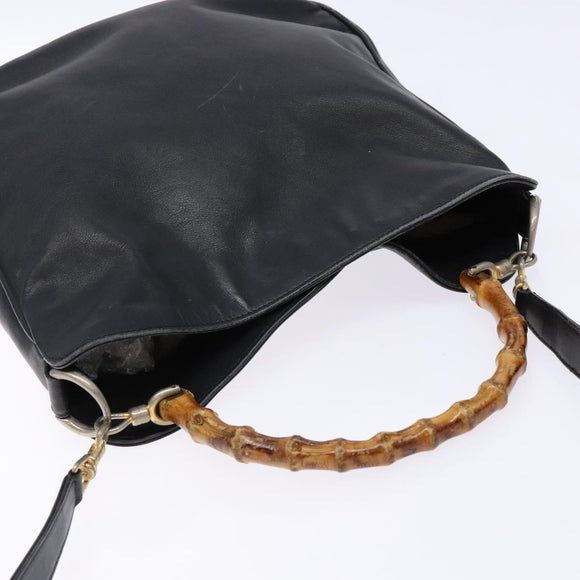 GUCCI Bamboo Hand Bag Leather 2way Black Gold 001 1781 1638 Auth bs28653