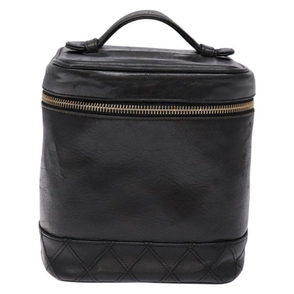 CHANEL Bicolore Vanity Hand Bag Lamb Skin Black Gold CC Auth bs28655