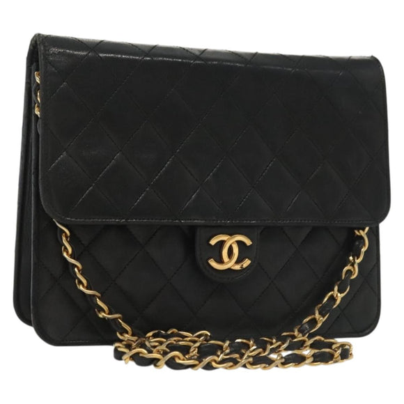 CHANEL Matelasse Chain Shoulder Bag Lamb Skin Black Gold CC Auth bs28656