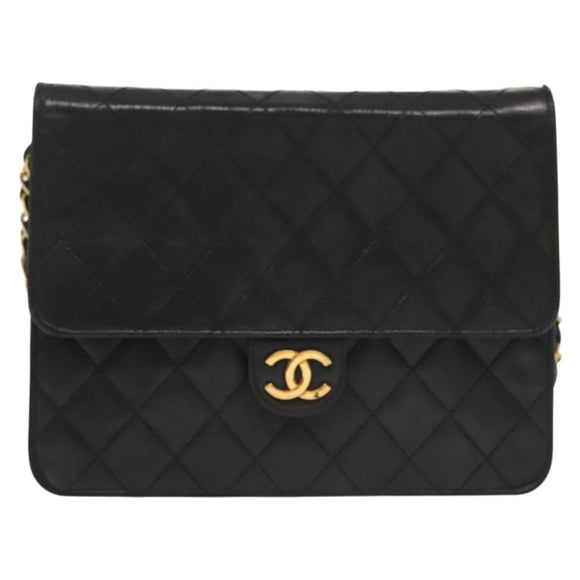 CHANEL Matelasse Chain Shoulder Bag Lamb Skin Black Gold CC Auth bs28656