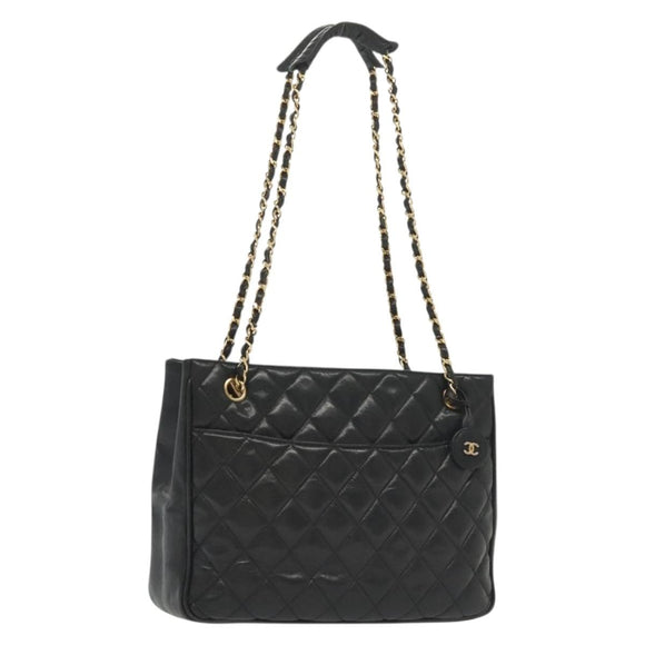 CHANEL Matelasse Chain Shoulder Bag Lamb Skin Black Gold CC Auth bs28659