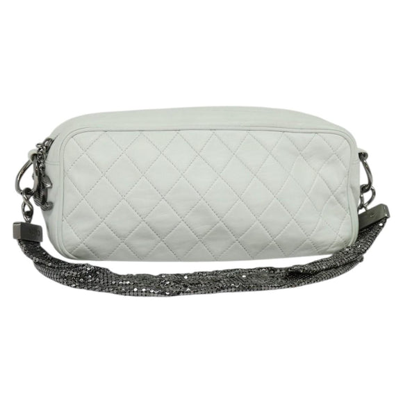 CHANEL Matelasse Shoulder Bag Lamb Skin White Silver CC Auth bs28660