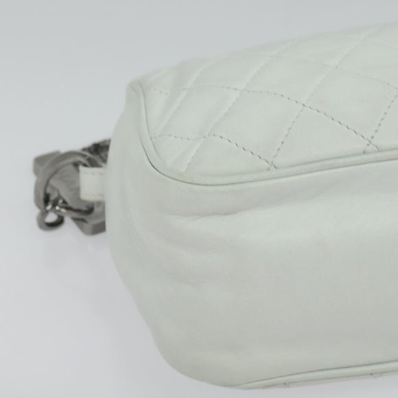 CHANEL Matelasse Shoulder Bag Lamb Skin White Silver CC Auth bs28660