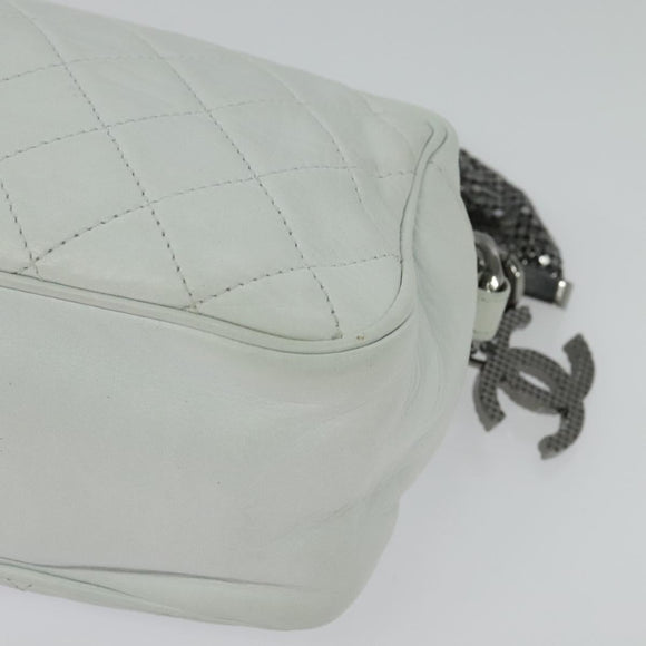 CHANEL Matelasse Shoulder Bag Lamb Skin White Silver CC Auth bs28660