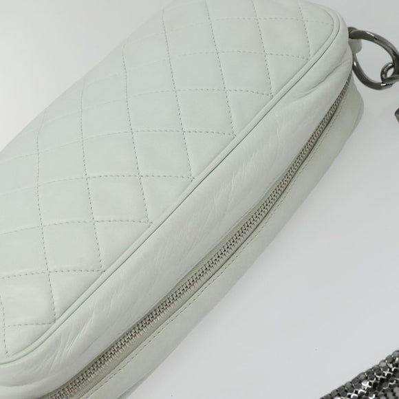 CHANEL Matelasse Shoulder Bag Lamb Skin White Silver CC Auth bs28660